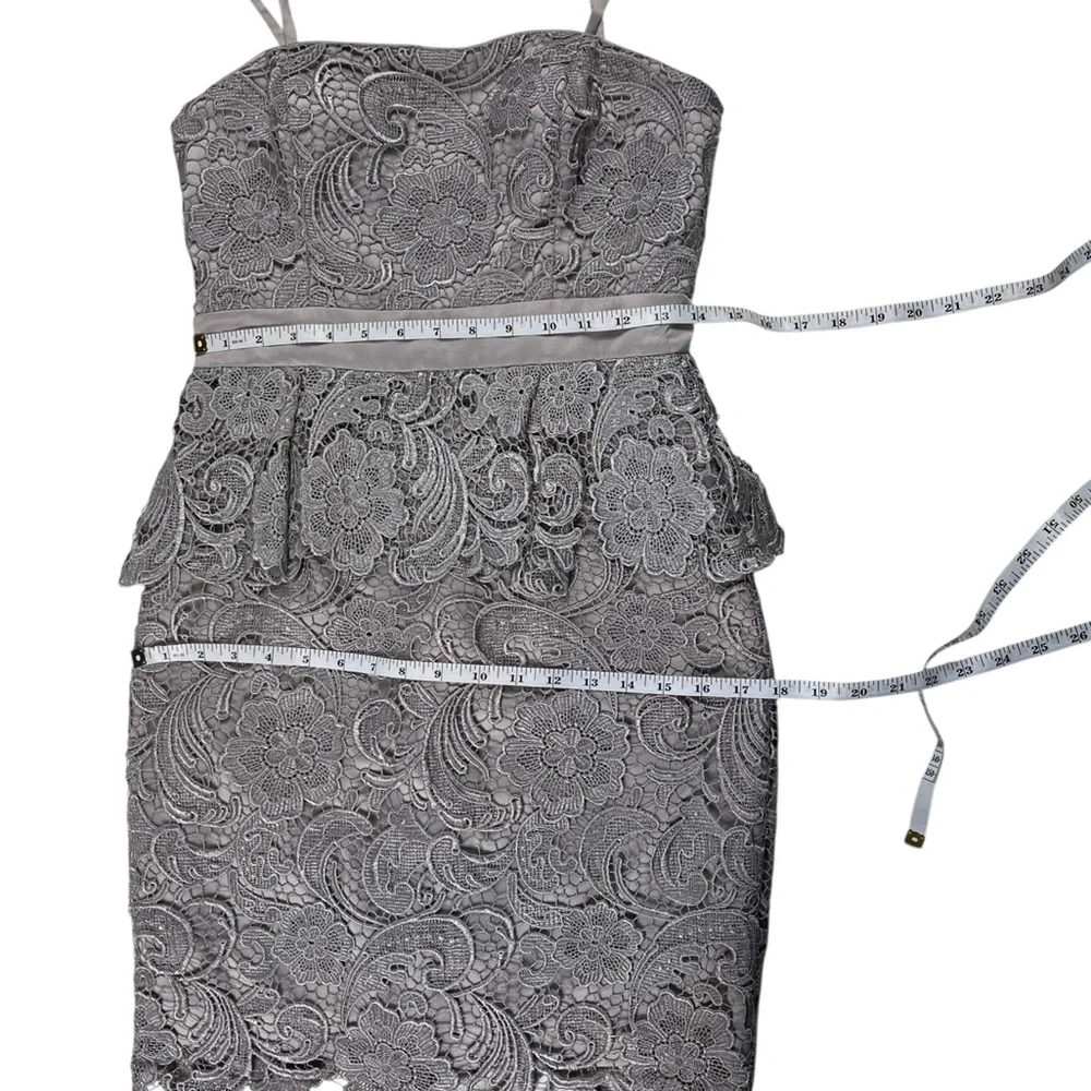 Adrianna Papell Gray Strapless Lace Lined Peplum Dress Size 4 Romantic Feminine